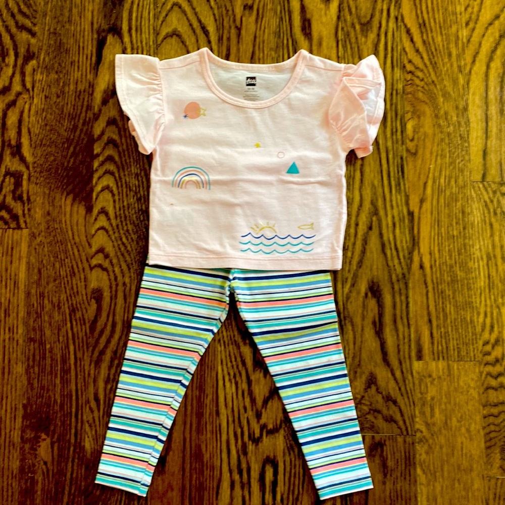 Tea Collection Pink Top with Multicolor Striped Leggings Kids Matching Set